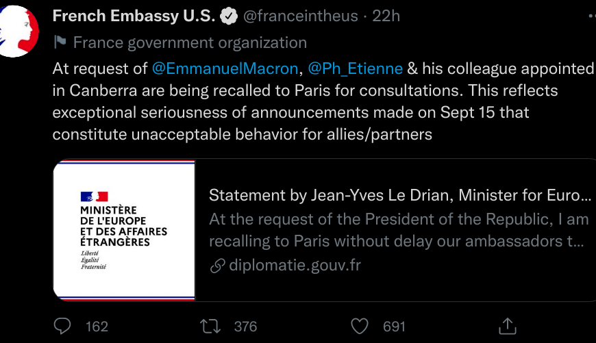 Le rappel des ambassadeurs français d’Australie et des États-Unis