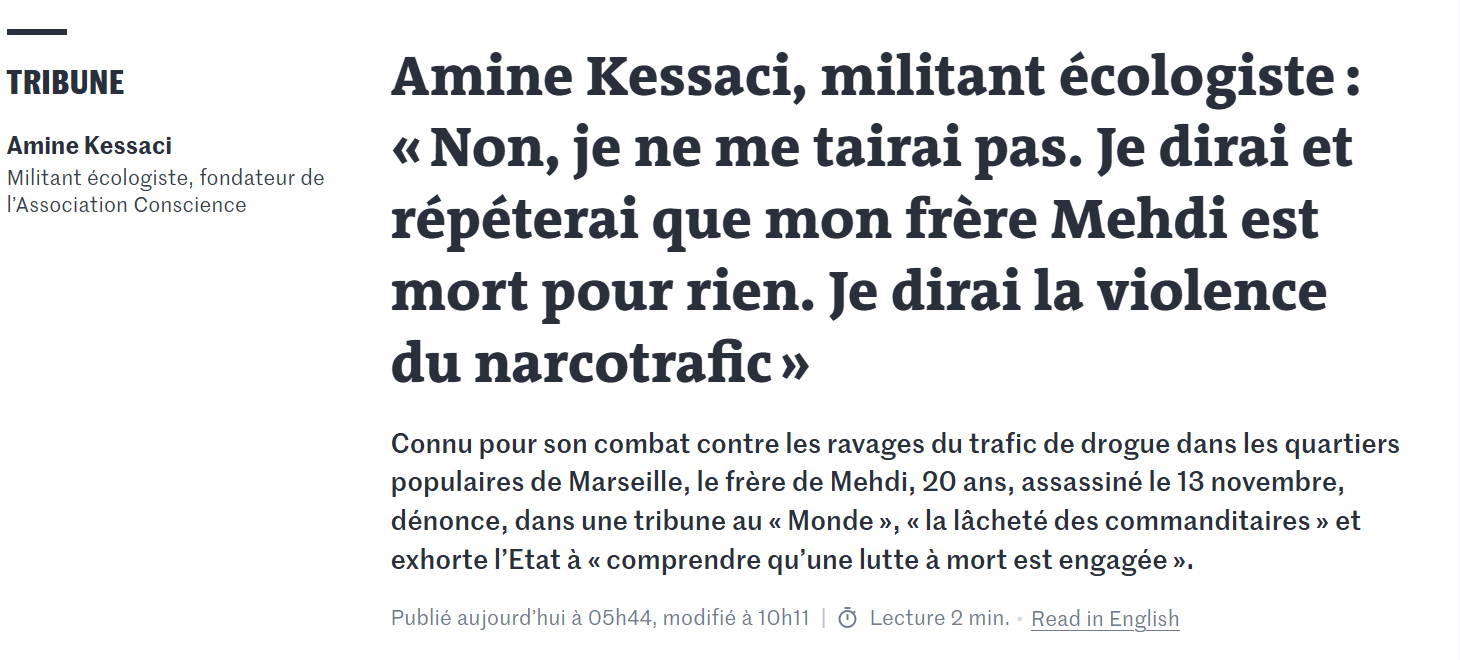 La tribune pleine de courage d’Amine Kessaci dans Le Monde